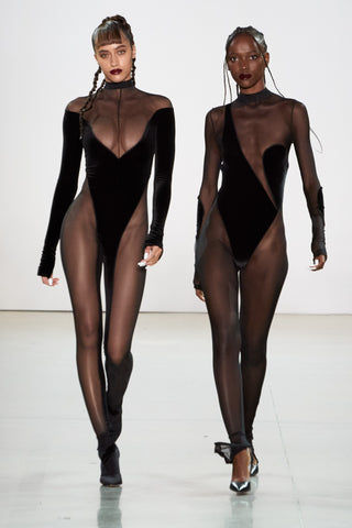 Off the Shoulder Sheer and Velvet Catsuit - LaQuan Smith