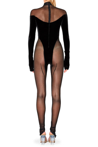 Off the Shoulder Sheer and Velvet Catsuit - LaQuan Smith