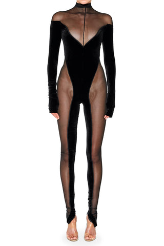 Off the Shoulder Sheer and Velvet Catsuit - LaQuan Smith