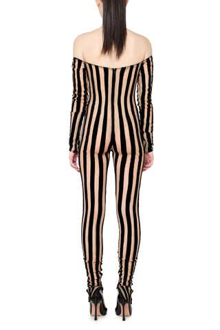 Striped Off the Shoulder Catsuit - LaQuan Smith