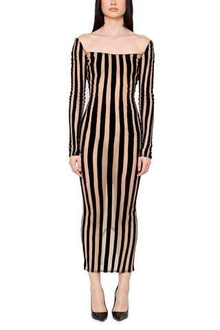Striped Boat Neck Mid Length Gown - LaQuan Smith