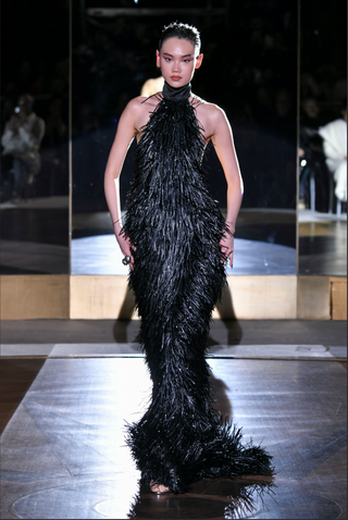 Mock Neck Halter Fringe Gown