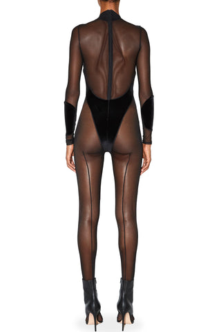 Cutout Mesh and Velvet Catsuit - LaQuan Smith