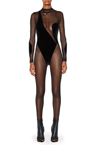 Cutout Mesh and Velvet Catsuit - LaQuan Smith