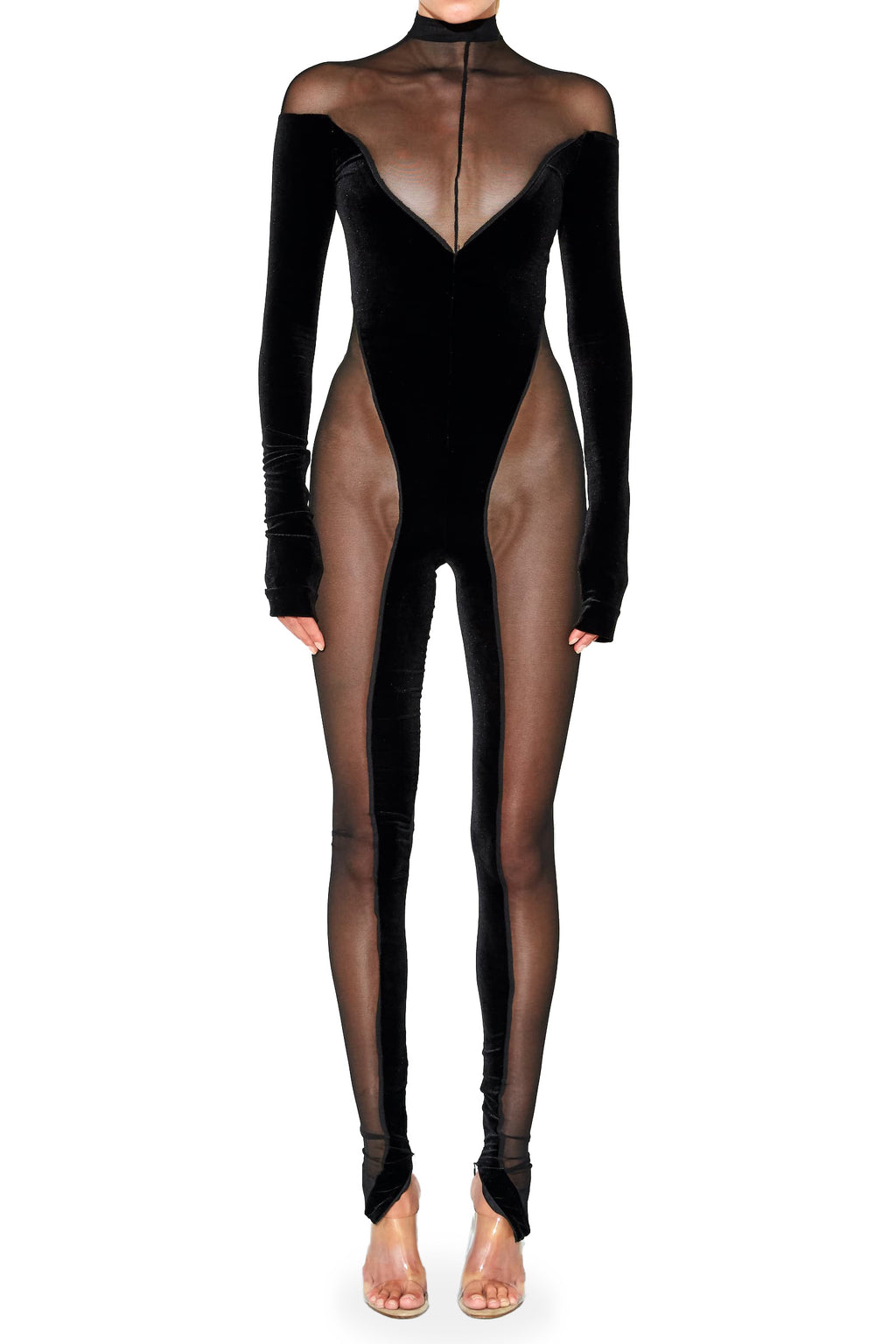 Off the Shoulder Sheer and Velvet Catsuit